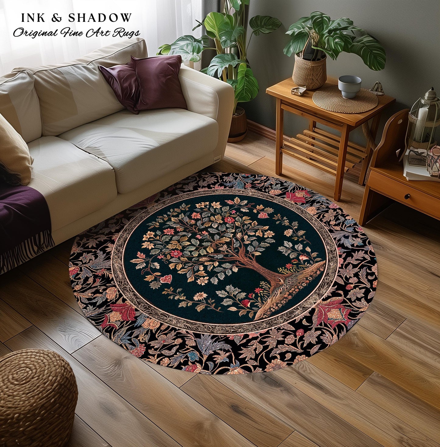 Victorian Folk Art Tree Area Rug | Floral Morris Inspired Accent Rug Red Roses Ornate Rococo Classical Medieval Garden Design Maximalist |