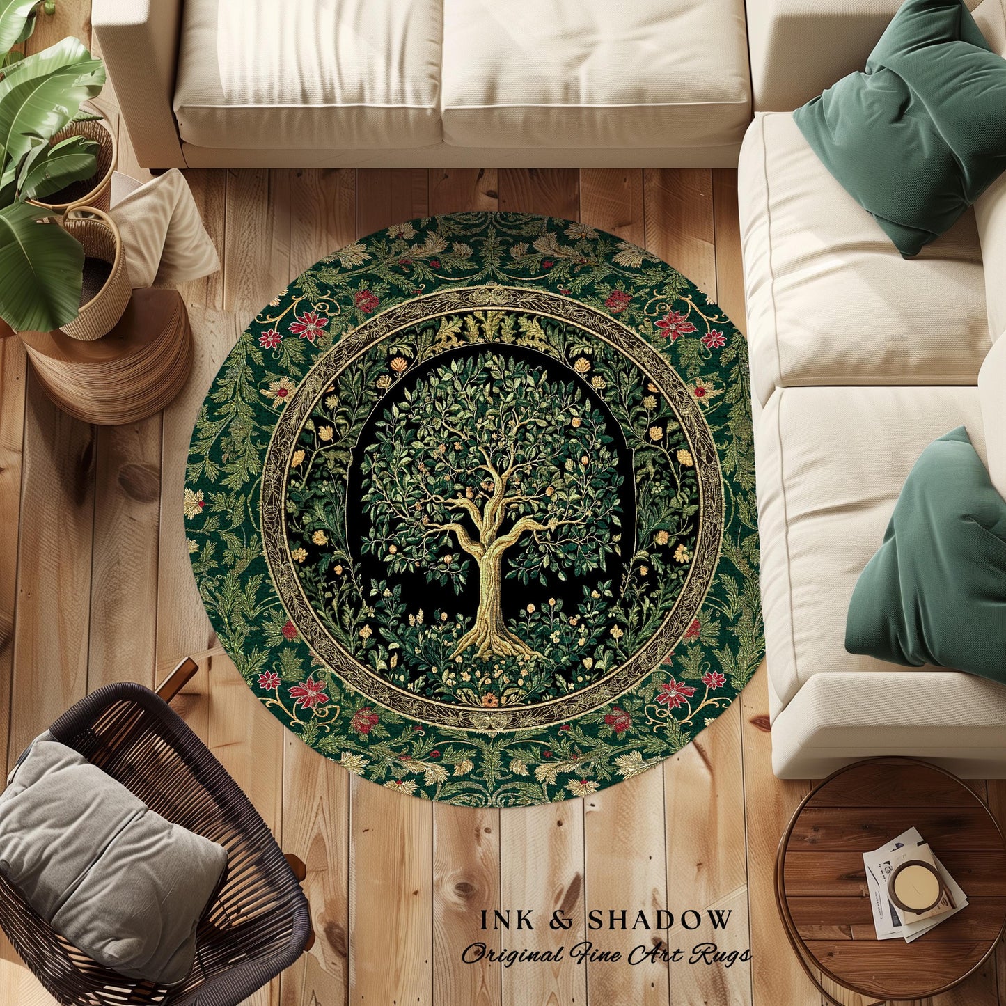Forest Green Heritage Tree Rug | Lush Botanical Tapestry Style with Crimson Floral Borders Vintage Cottagecore Maximalist Medieval Aesthetic