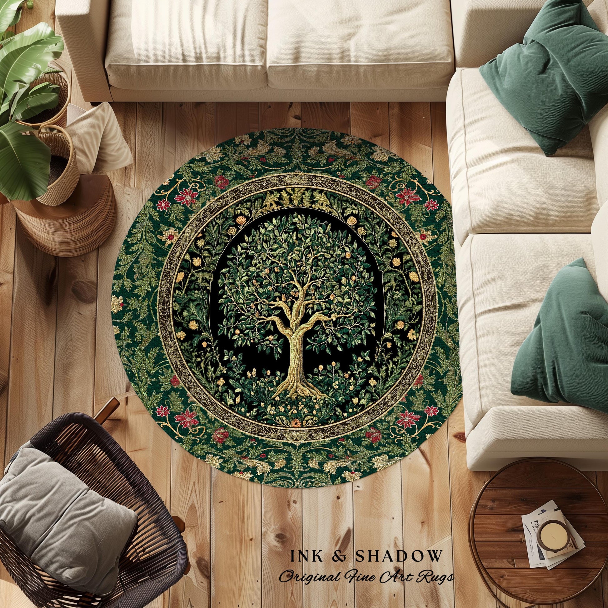 Forest Green Heritage Tree Rug | Lush Botanical Tapestry Style with Crimson Floral Borders Vintage Cottagecore Maximalist Medieval Aesthetic