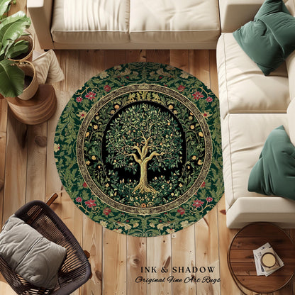 Forest Green Heritage Tree Rug | Lush Botanical Tapestry Style with Crimson Floral Borders Vintage Cottagecore Maximalist Medieval Aesthetic