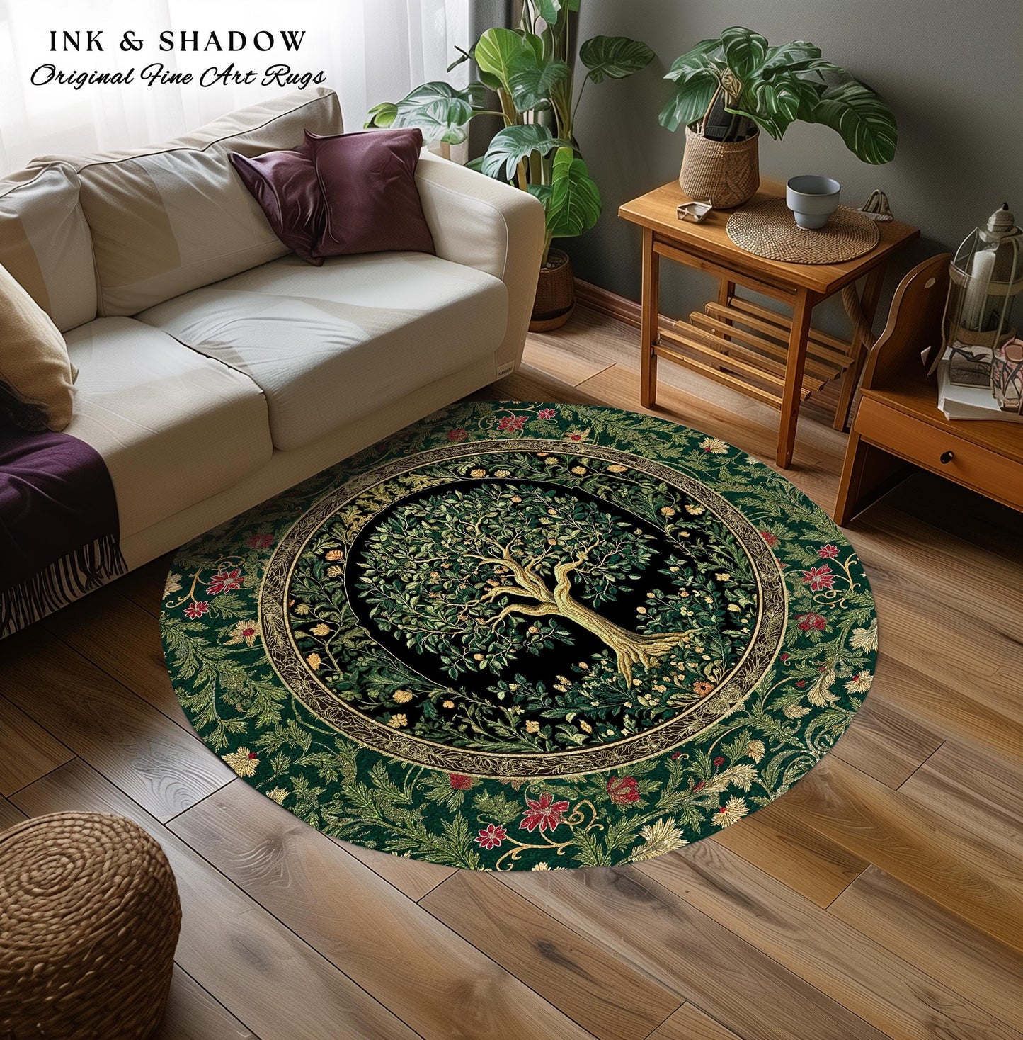 Forest Green Heritage Tree Rug | Lush Botanical Tapestry Style with Crimson Floral Borders Vintage Cottagecore Maximalist Medieval Aesthetic