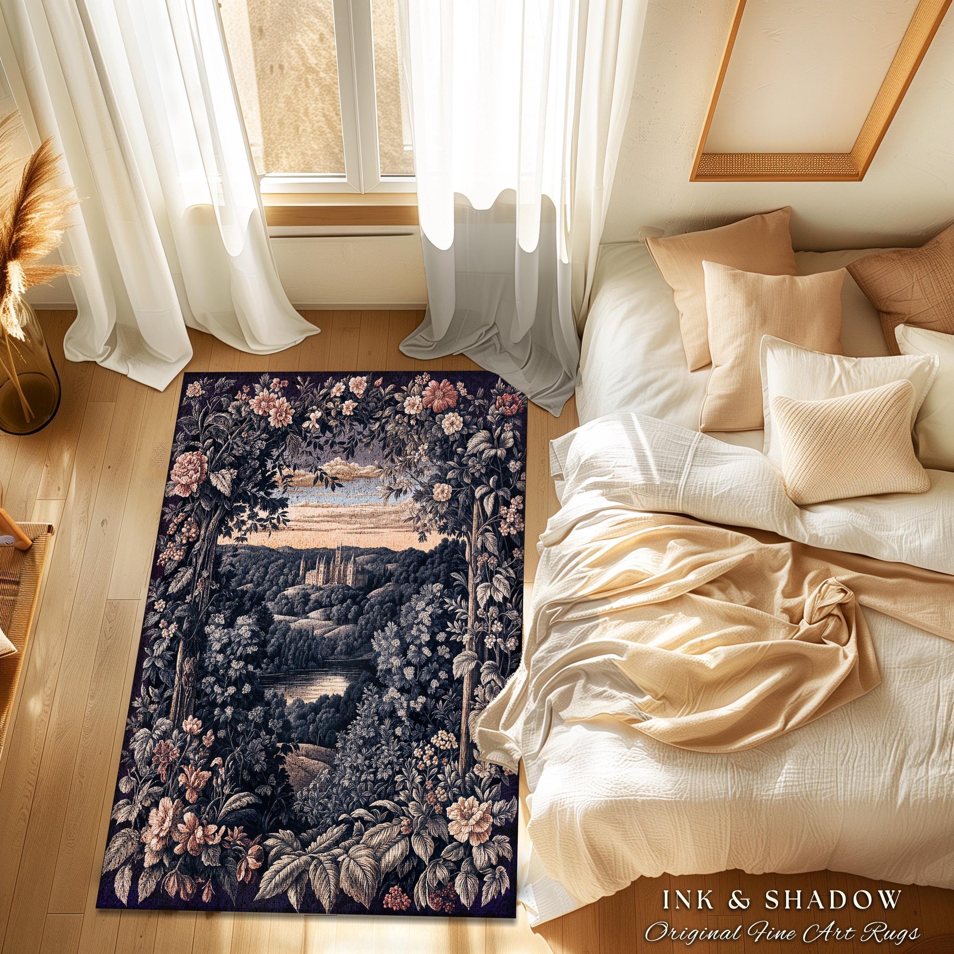 Pastel Fairy Aesthetic Accent Rug | Ethereal Woodland Royalcore Rosy Bedroom Area Rug Botanical Landscape Medieval Princess Rustic Castle |