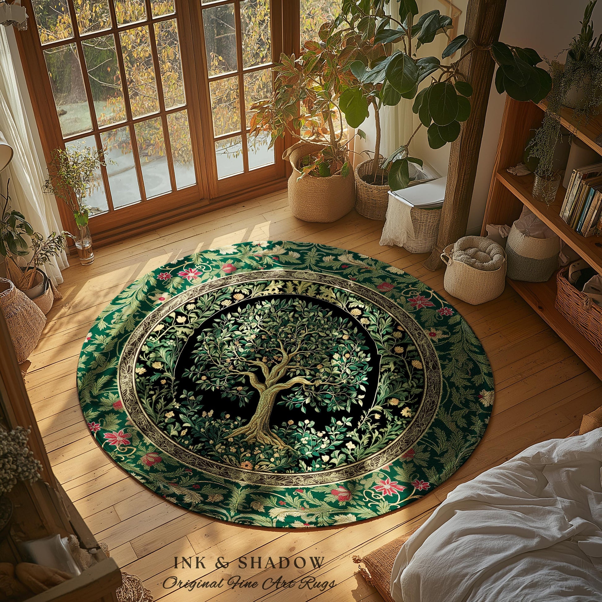 Forest Green Heritage Tree Rug | Lush Botanical Tapestry Style with Crimson Floral Borders Vintage Cottagecore Maximalist Medieval Aesthetic