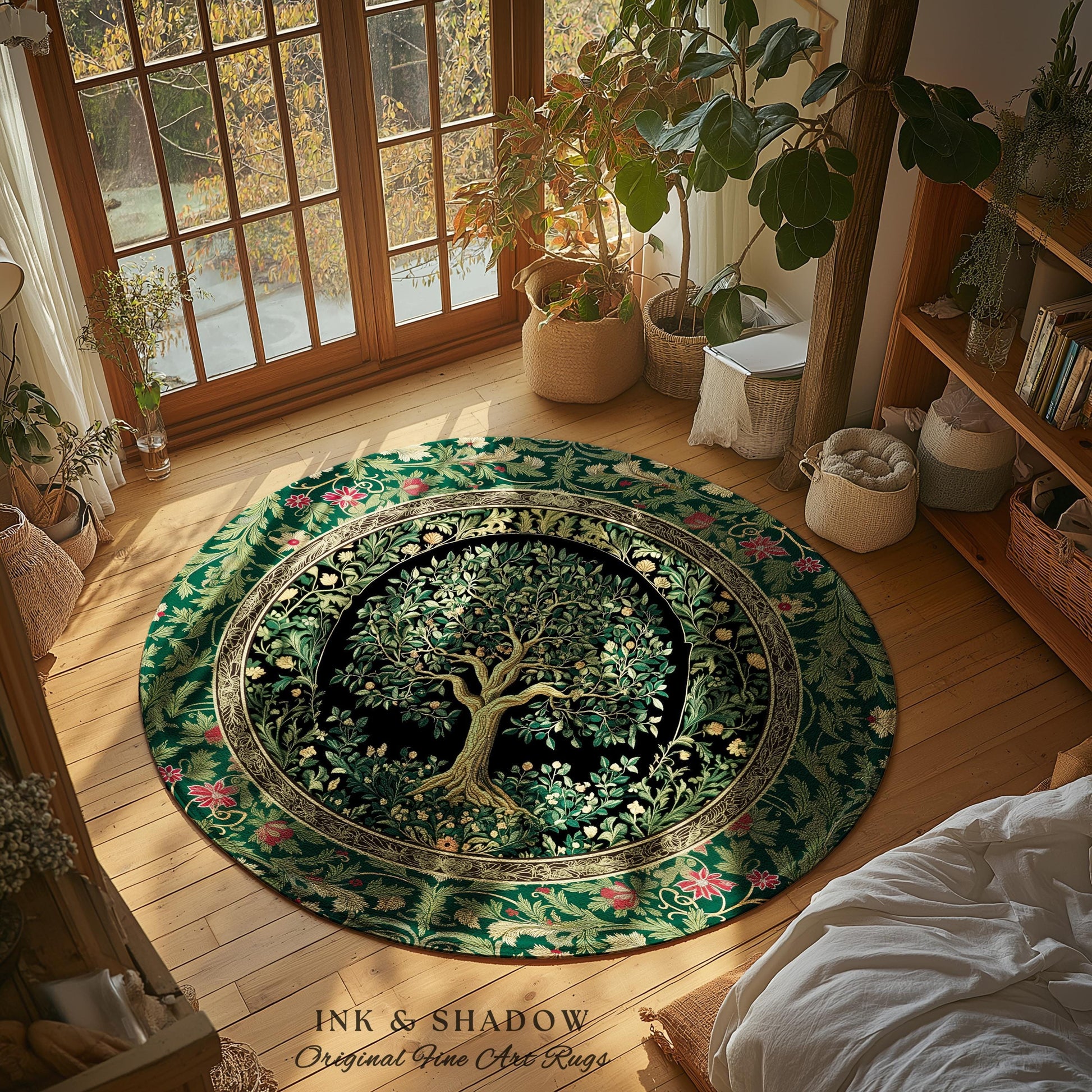 Forest Green Heritage Tree Rug | Lush Botanical Tapestry Style with Crimson Floral Borders Vintage Cottagecore Maximalist Medieval Aesthetic