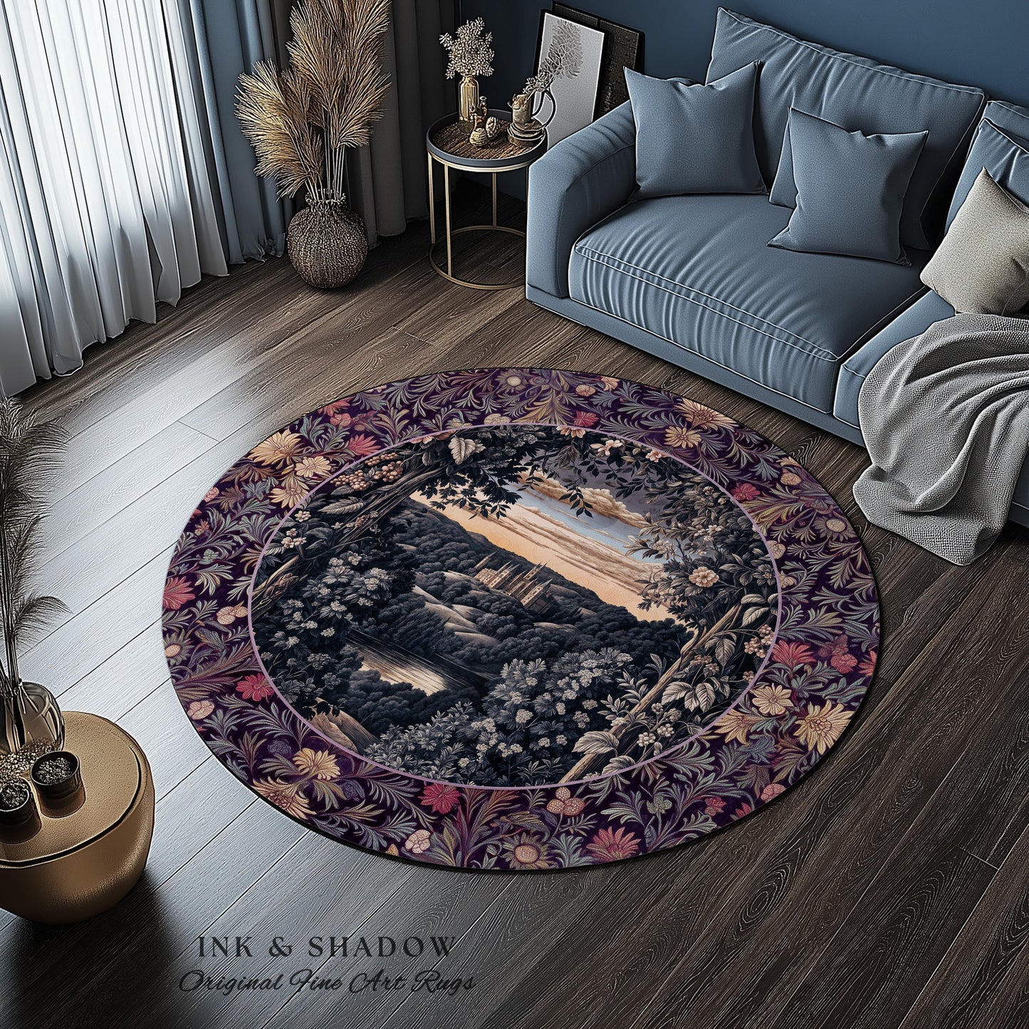 Pastel Fairy Aesthetic Accent Rug | Ethereal Woodland Royalcore Rosy Bedroom Area Rug Botanical Landscape Medieval Princess Rustic Castle |