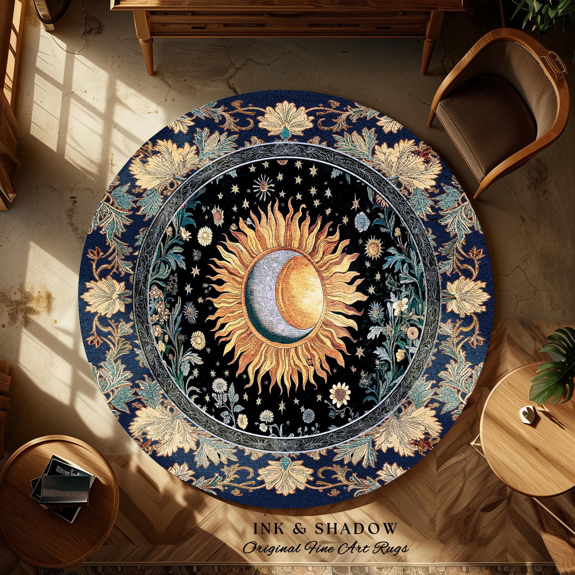 Lunar Energy Peaceful Bedroom Rug | Gothic Bohemian Astrology Mystic Whimsical Sun & Moon Maximalist Witchy Tarot Decor Celestial Accent Rug