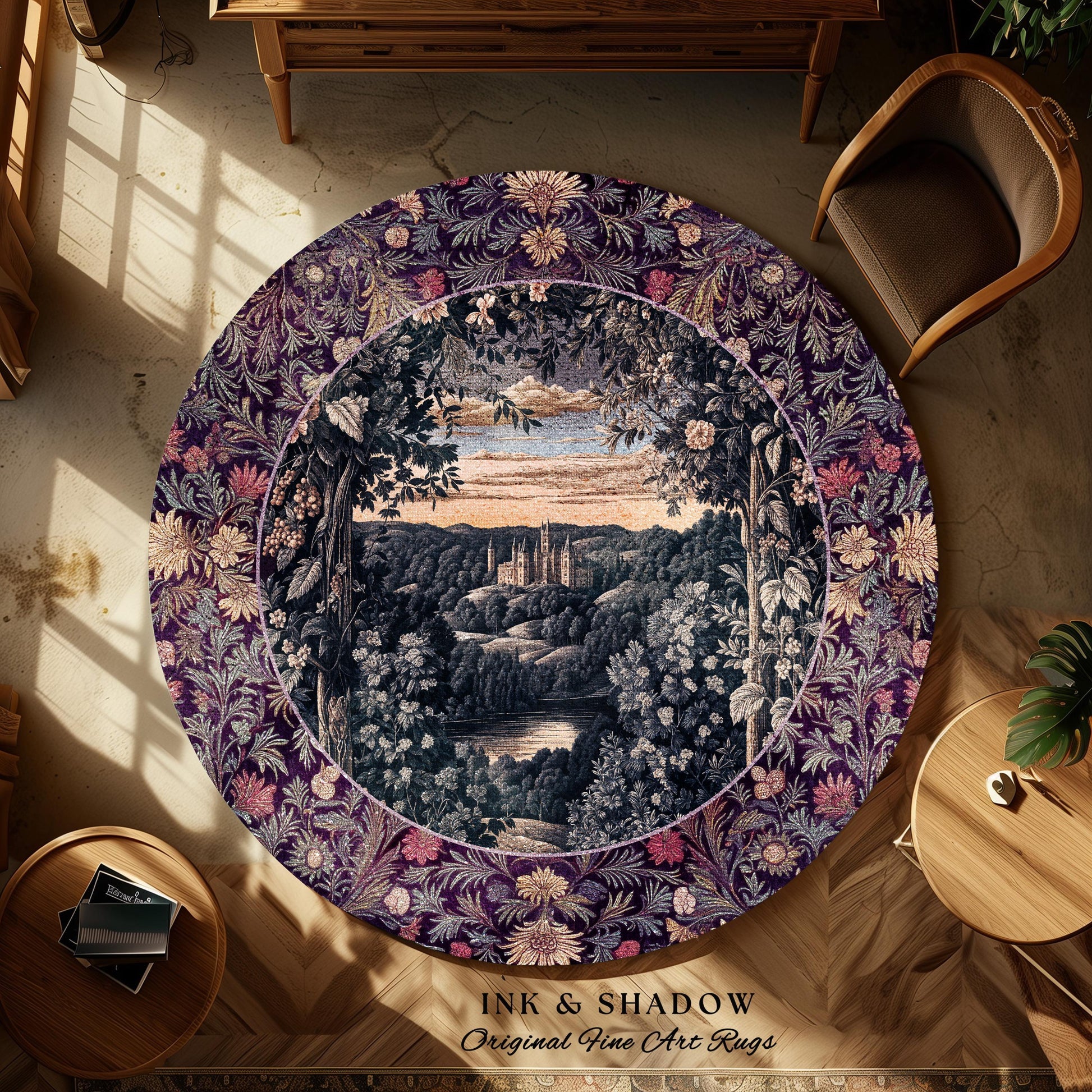 Pastel Fairy Aesthetic Accent Rug | Ethereal Woodland Royalcore Rosy Bedroom Area Rug Botanical Landscape Medieval Princess Rustic Castle |