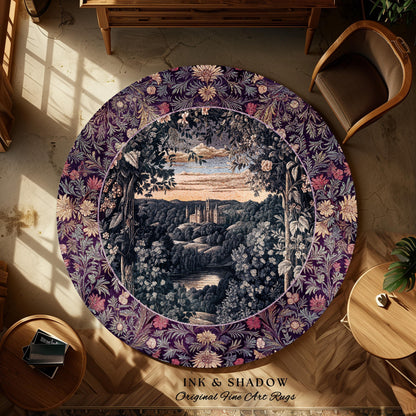 Pastel Fairy Aesthetic Accent Rug | Ethereal Woodland Royalcore Rosy Bedroom Area Rug Botanical Landscape Medieval Princess Rustic Castle |