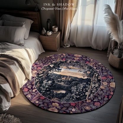 Pastel Fairy Aesthetic Accent Rug | Ethereal Woodland Royalcore Rosy Bedroom Area Rug Botanical Landscape Medieval Princess Rustic Castle |