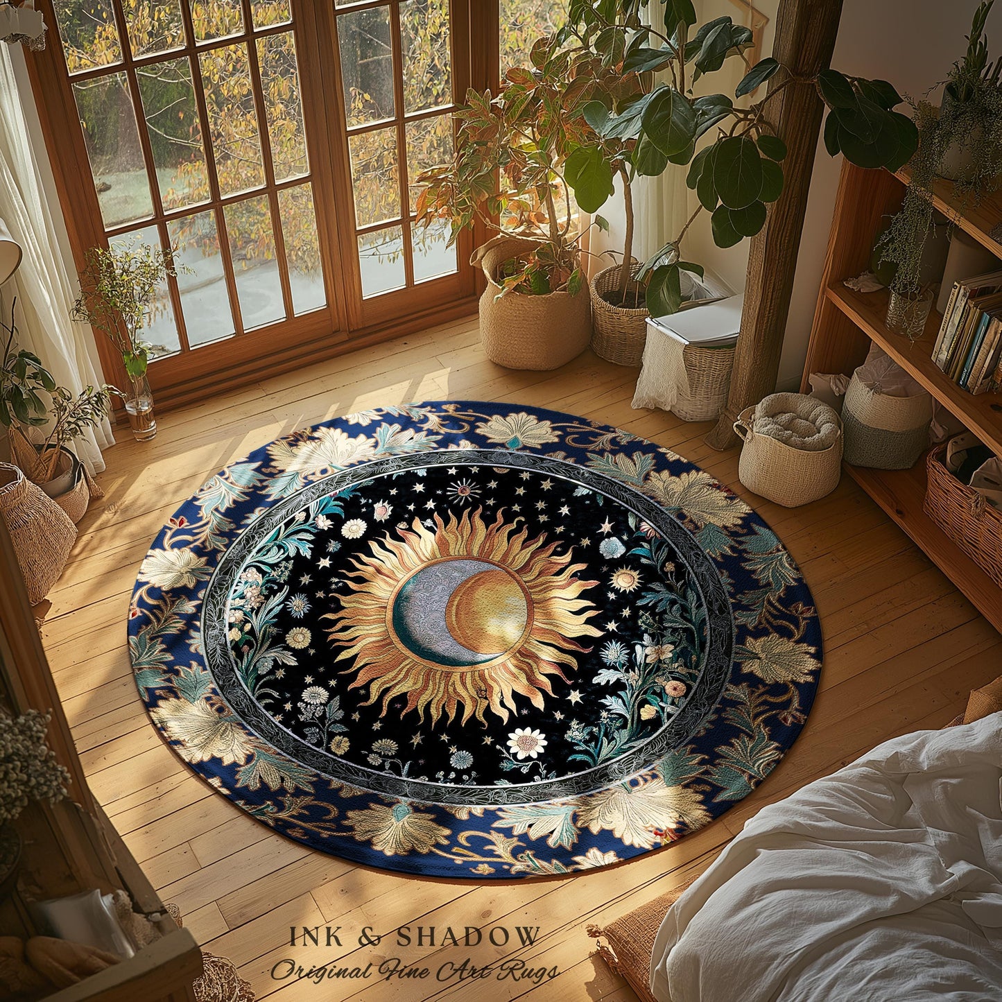 Lunar Energy Peaceful Bedroom Rug | Gothic Bohemian Astrology Mystic Whimsical Sun & Moon Maximalist Witchy Tarot Decor Celestial Accent Rug