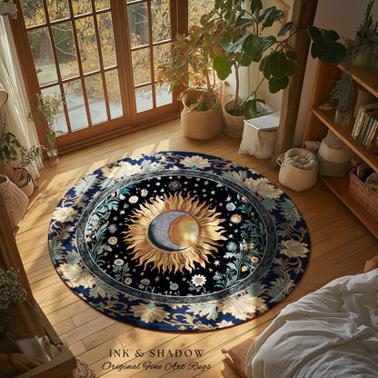 Lunar Energy Peaceful Bedroom Rug | Gothic Bohemian Astrology Mystic Whimsical Sun & Moon Maximalist Witchy Tarot Decor Celestial Accent Rug