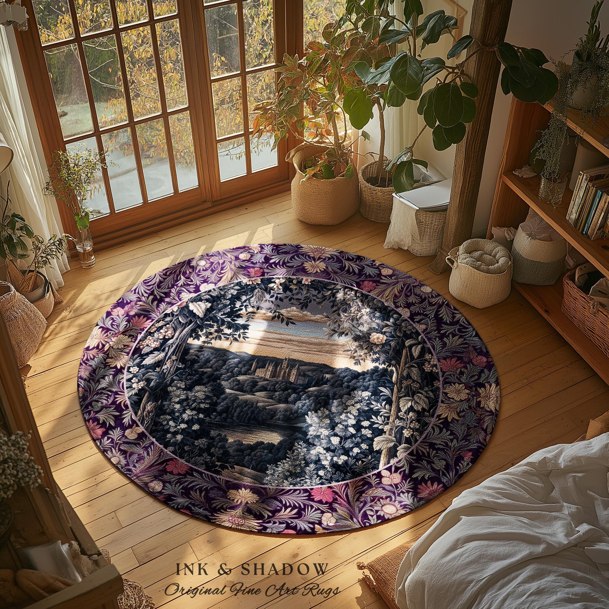 Pastel Fairy Aesthetic Accent Rug | Ethereal Woodland Royalcore Rosy Bedroom Area Rug Botanical Landscape Medieval Princess Rustic Castle |