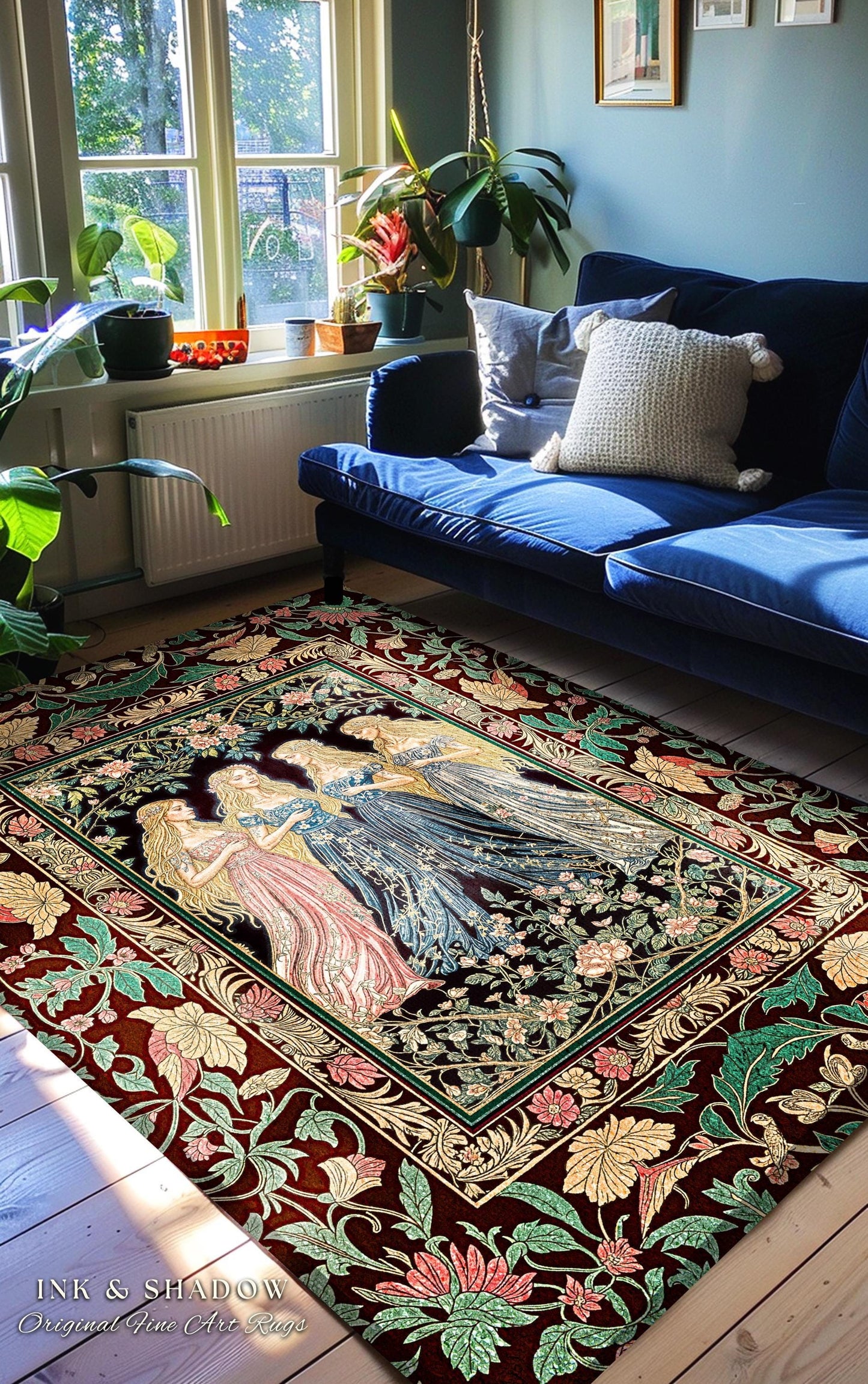 Magic Maidens Medieval Area Rug | Dark Fairytale Witches Floral Forest Floor Vedroom Accent Ethereal Renaissance Gothic Art Decor Fairycore