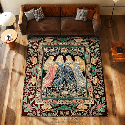 Magic Maidens Medieval Area Rug | Dark Fairytale Witches Floral Forest Floor Vedroom Accent Ethereal Renaissance Gothic Art Decor Fairycore