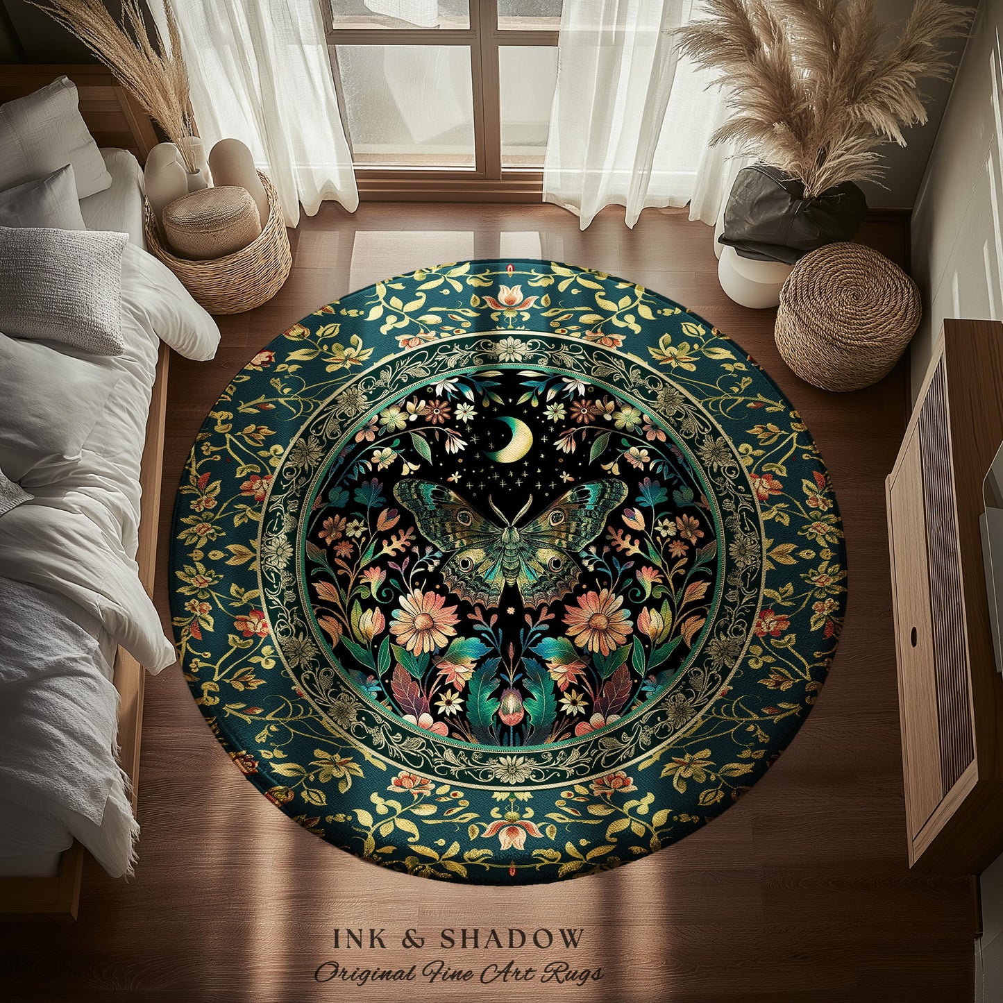 Mystic Moonlit Garden Moth Rug Whimigothic Fairycore Decor | Dark Floral Witchy Moth Rug Whimsical Home Decor Butterfly Cottagecore Rug Gift