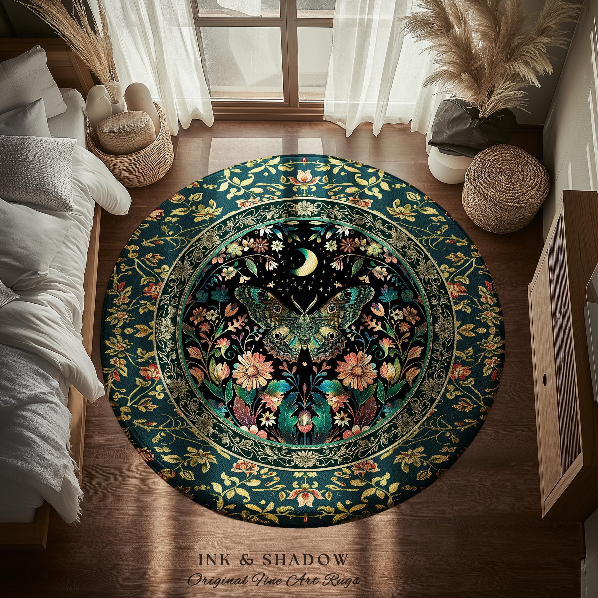 Mystic Moonlit Garden Moth Rug Whimigothic Fairycore Decor | Dark Floral Witchy Moth Rug Whimsical Home Decor Butterfly Cottagecore Rug Gift