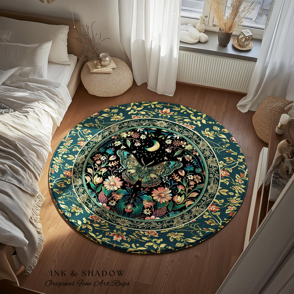 Mystic Moonlit Garden Moth Rug Whimigothic Fairycore Decor | Dark Floral Witchy Moth Rug Whimsical Home Decor Butterfly Cottagecore Rug Gift