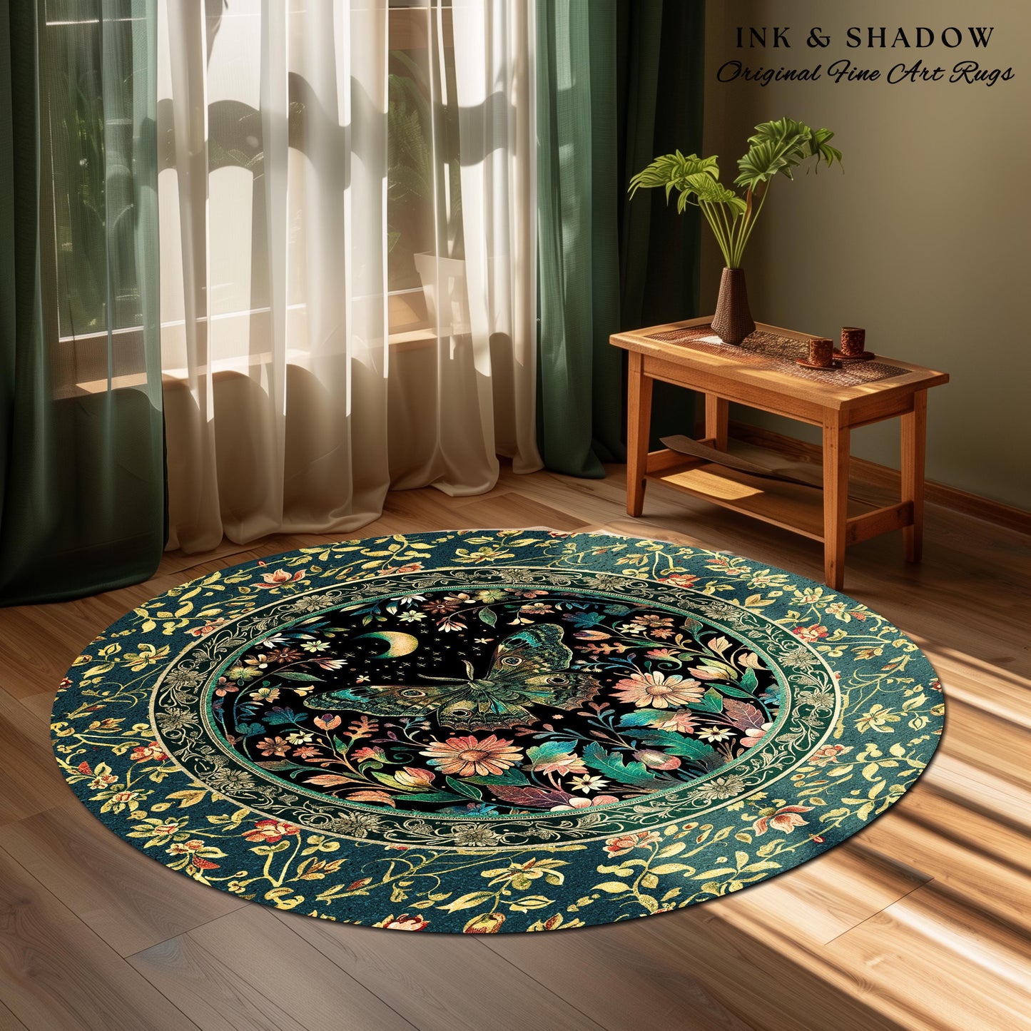 Mystic Moonlit Garden Moth Rug Whimigothic Fairycore Decor | Dark Floral Witchy Moth Rug Whimsical Home Decor Butterfly Cottagecore Rug Gift
