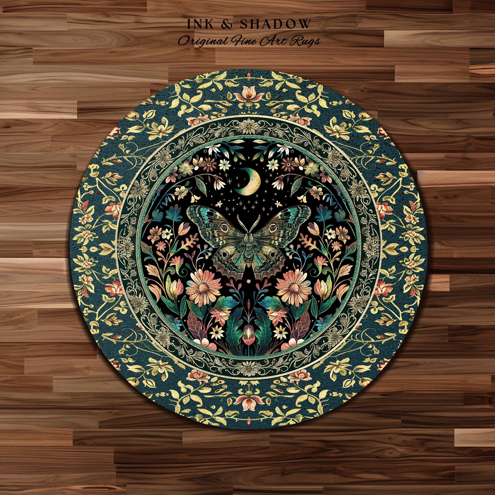 Mystic Moonlit Garden Moth Rug Whimigothic Fairycore Decor | Dark Floral Witchy Moth Rug Whimsical Home Decor Butterfly Cottagecore Rug Gift