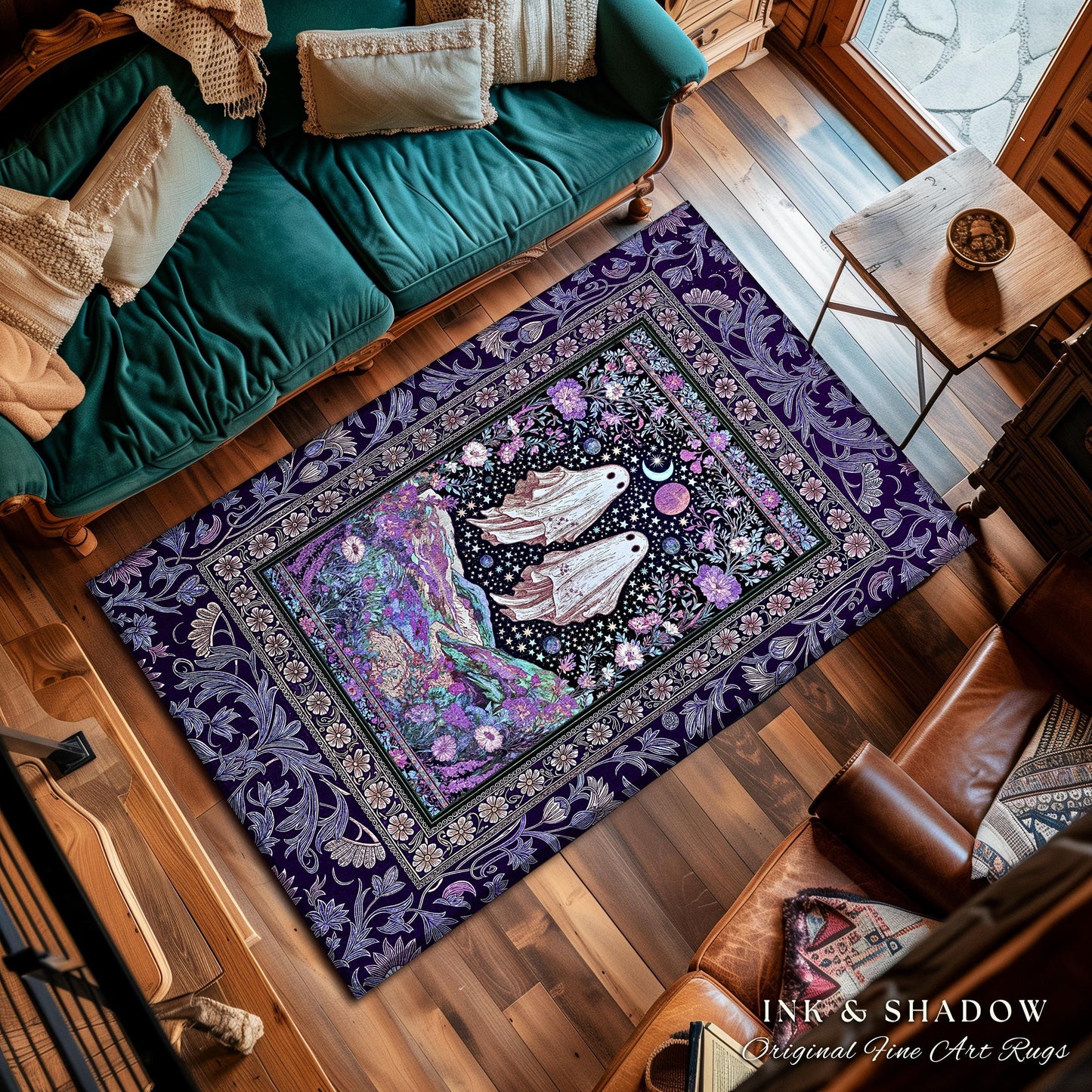 Cosmic Purple Ghost Landscape Rug | Ethereal Landscape Whimsical Accent Rug Cottagecore Halloween Bedroom Fairycore Aesthetic Floral Decor |