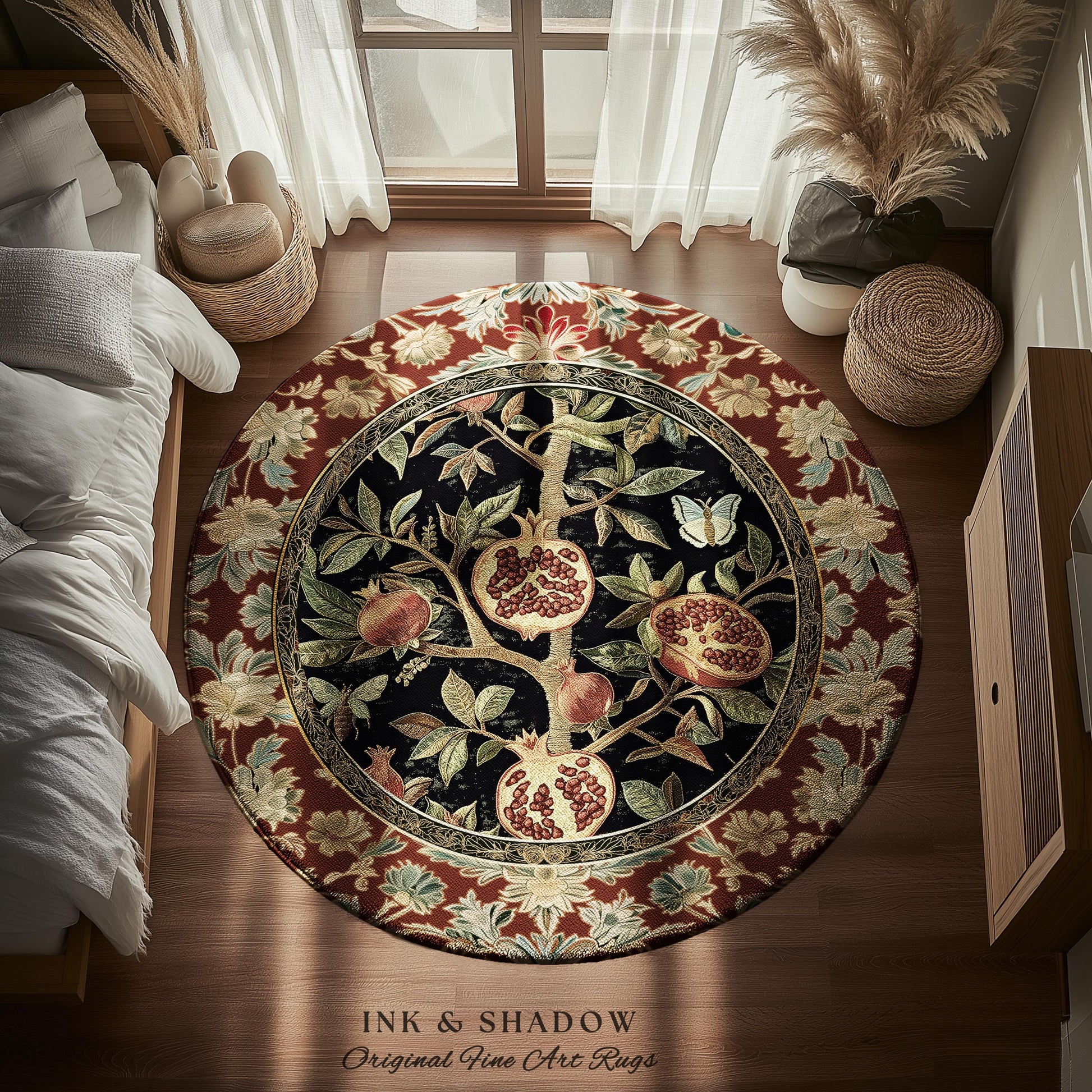 Floral Whimsigoth Vintage Pomegranate Art Nature Rug Cottagegoth Botanical Baroque Elegance, Medieval Style Forestcore Fruit Cottagecore Rug