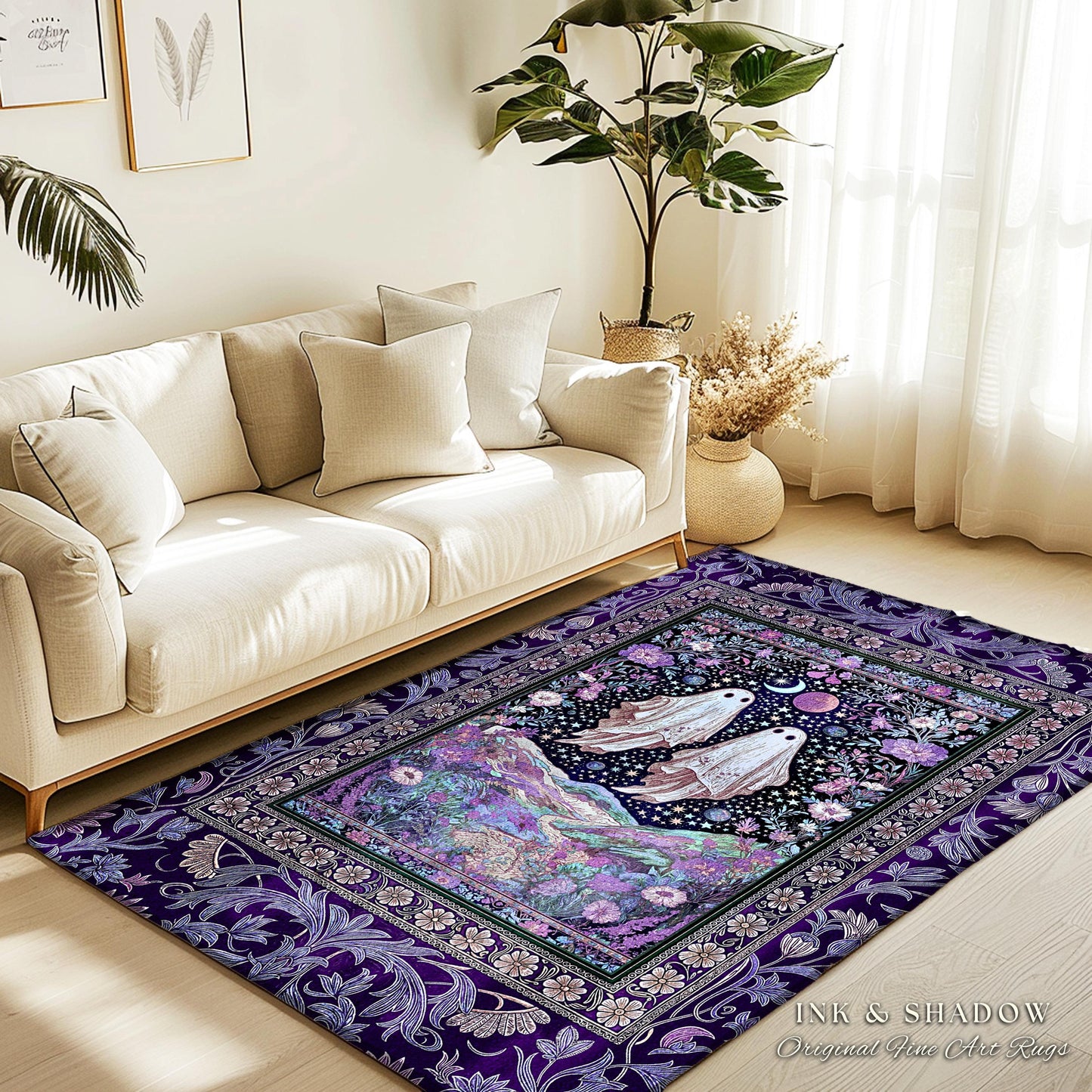 Cosmic Purple Ghost Landscape Rug | Ethereal Landscape Whimsical Accent Rug Cottagecore Halloween Bedroom Fairycore Aesthetic Floral Decor |