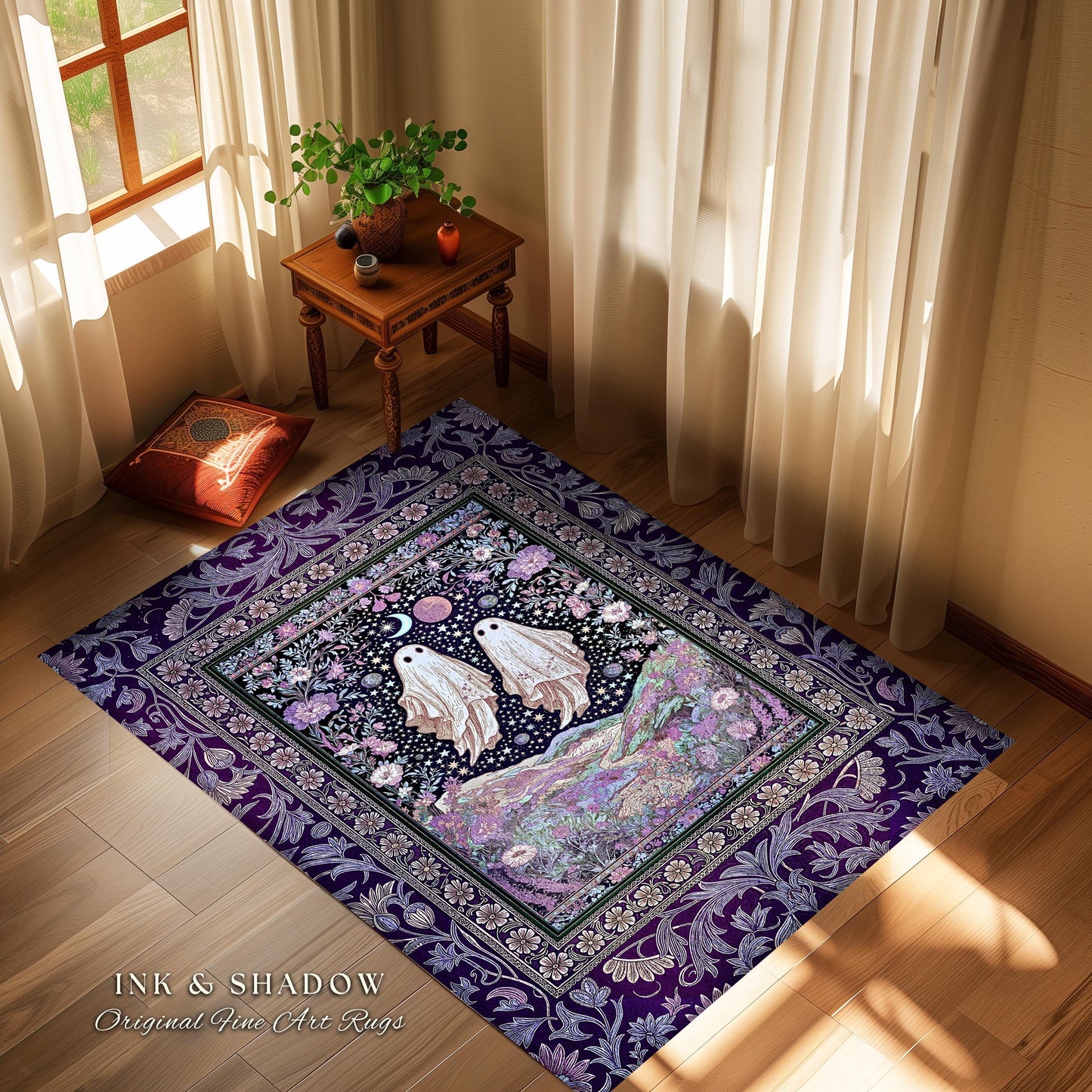 Cosmic Purple Ghost Landscape Rug | Ethereal Landscape Whimsical Accent Rug Cottagecore Halloween Bedroom Fairycore Aesthetic Floral Decor |