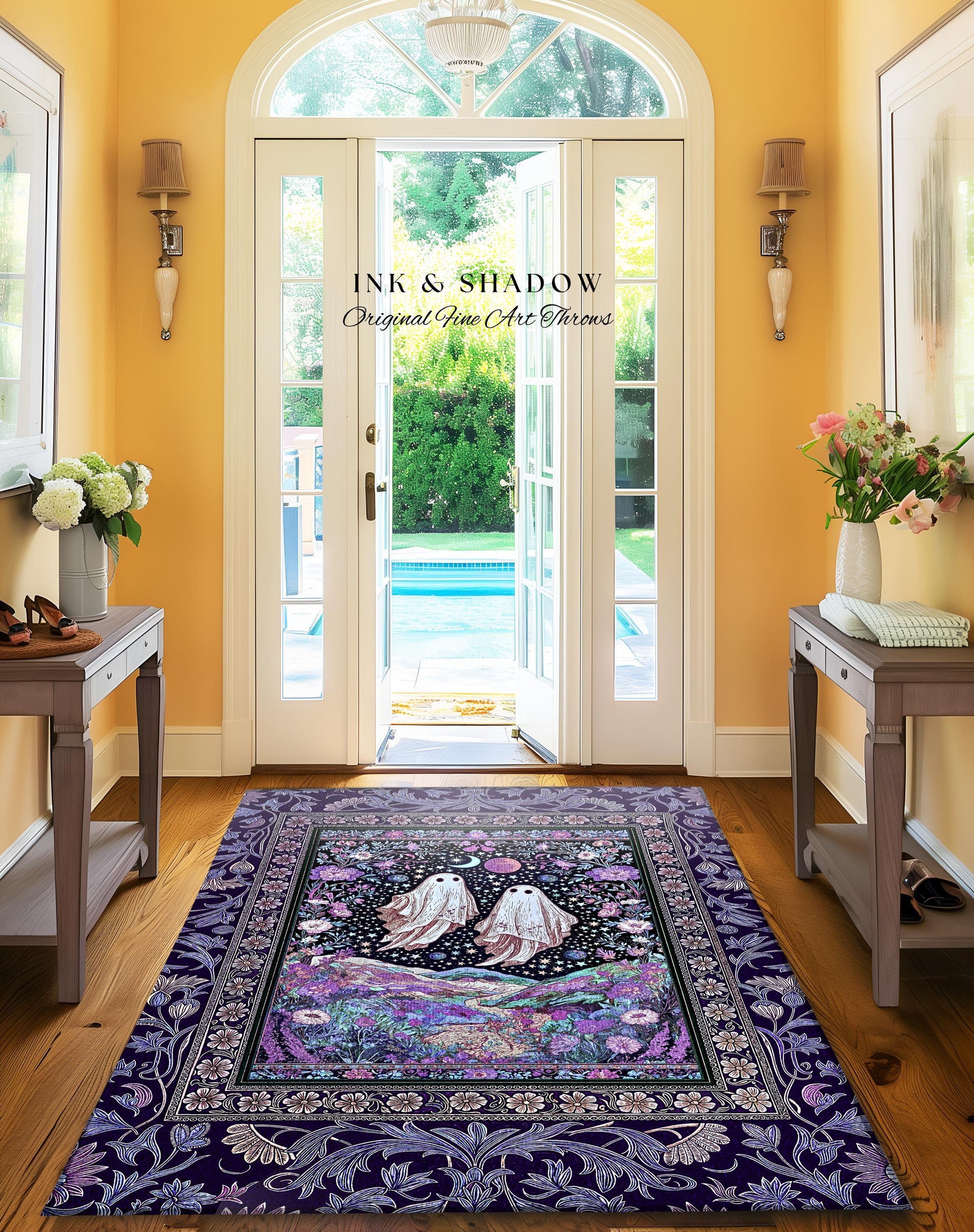 Cosmic Purple Ghost Landscape Rug | Ethereal Landscape Whimsical Accent Rug Cottagecore Halloween Bedroom Fairycore Aesthetic Floral Decor |