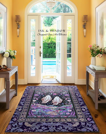Cosmic Purple Ghost Landscape Rug | Ethereal Landscape Whimsical Accent Rug Cottagecore Halloween Bedroom Fairycore Aesthetic Floral Decor |