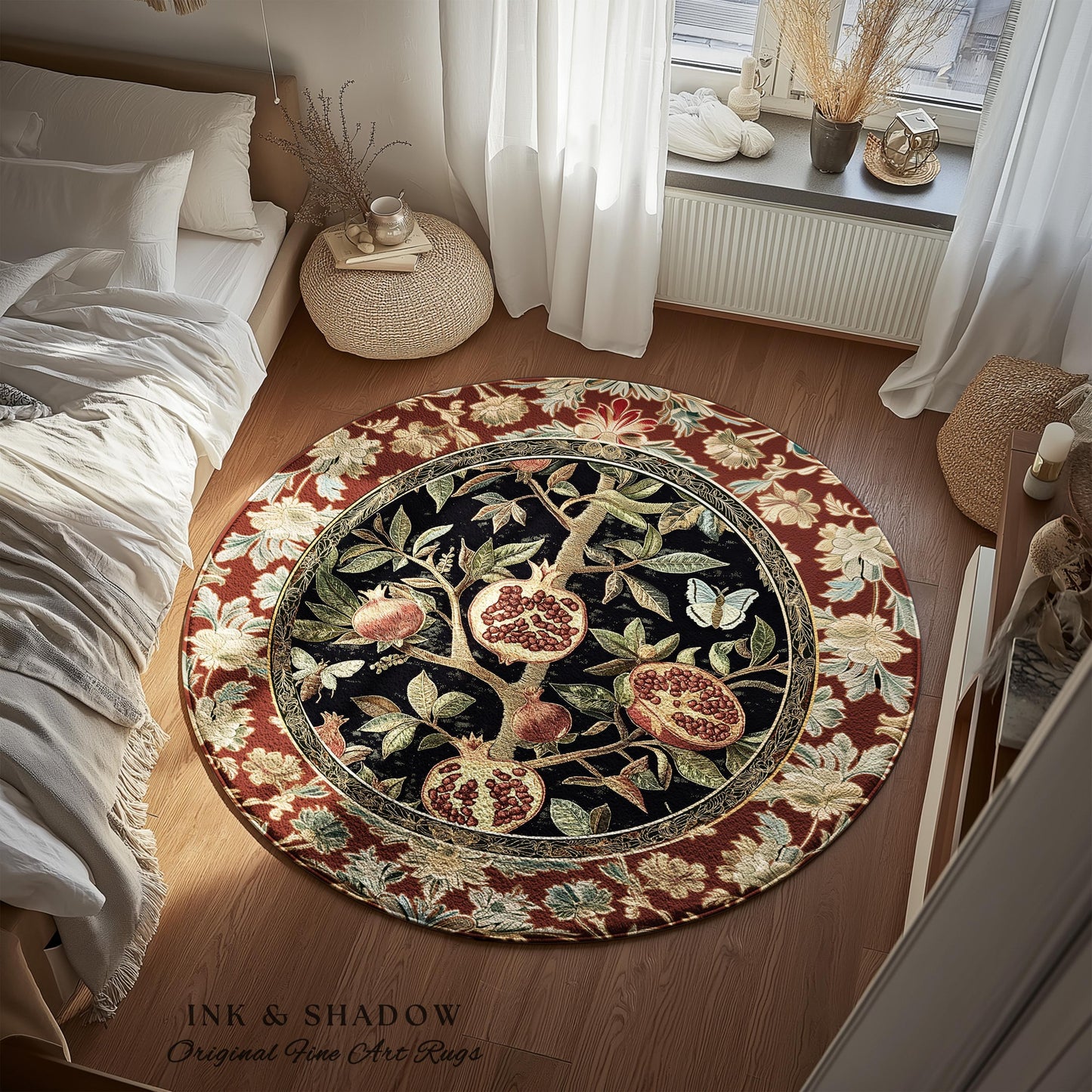Floral Whimsigoth Vintage Pomegranate Art Nature Rug Cottagegoth Botanical Baroque Elegance, Medieval Style Forestcore Fruit Cottagecore Rug