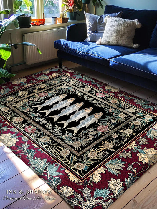 Eclectic Sardine Art Area Rug | Ornate Whimsical Coastal Design Maximalist Marine Art Ocean-Inspired Beach House Bedroom Accent Fish Decor