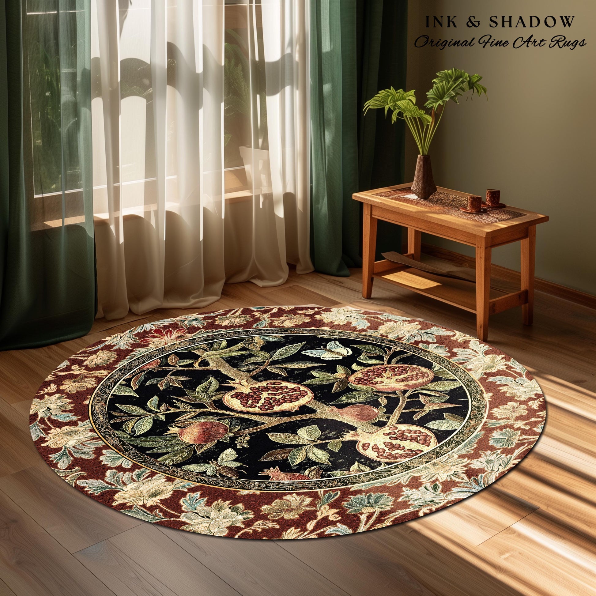 Floral Whimsigoth Vintage Pomegranate Art Nature Rug Cottagegoth Botanical Baroque Elegance, Medieval Style Forestcore Fruit Cottagecore Rug
