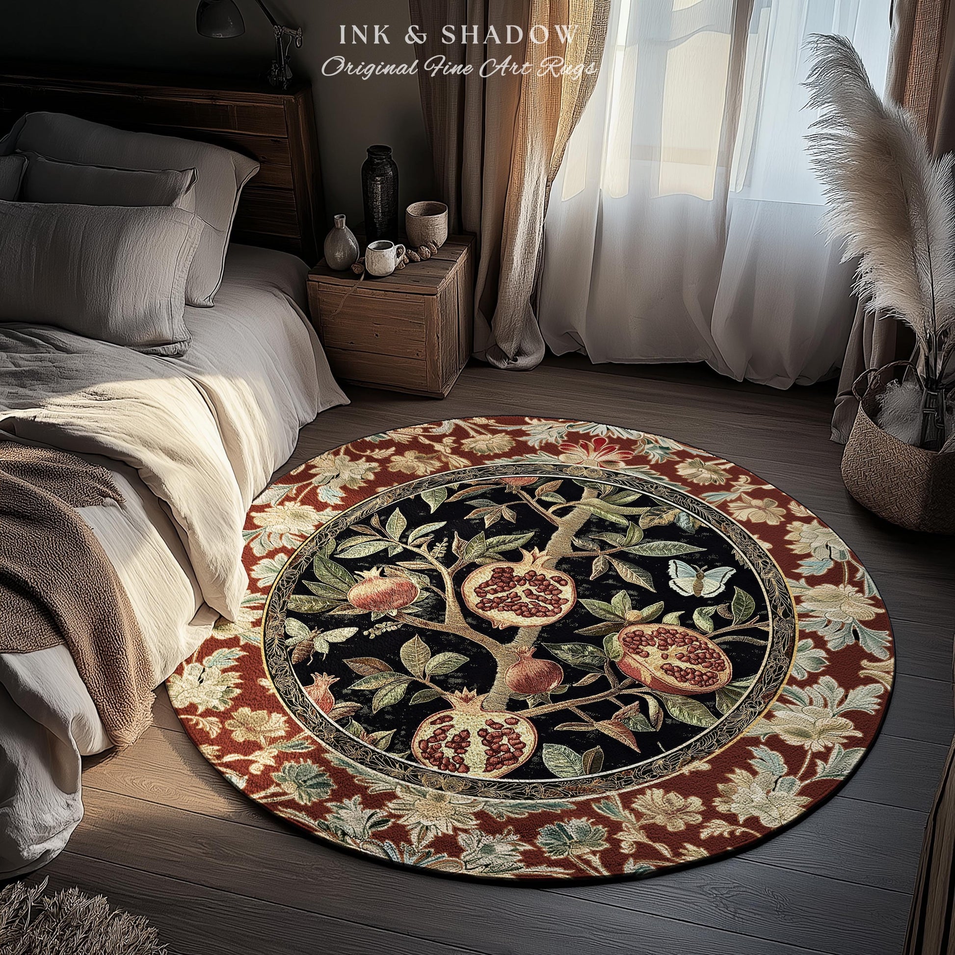 Floral Whimsigoth Vintage Pomegranate Art Nature Rug Cottagegoth Botanical Baroque Elegance, Medieval Style Forestcore Fruit Cottagecore Rug