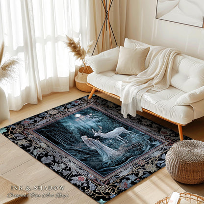 Moonlit Deer Forest Rug | Midnight Magic Folklore Accent Rug