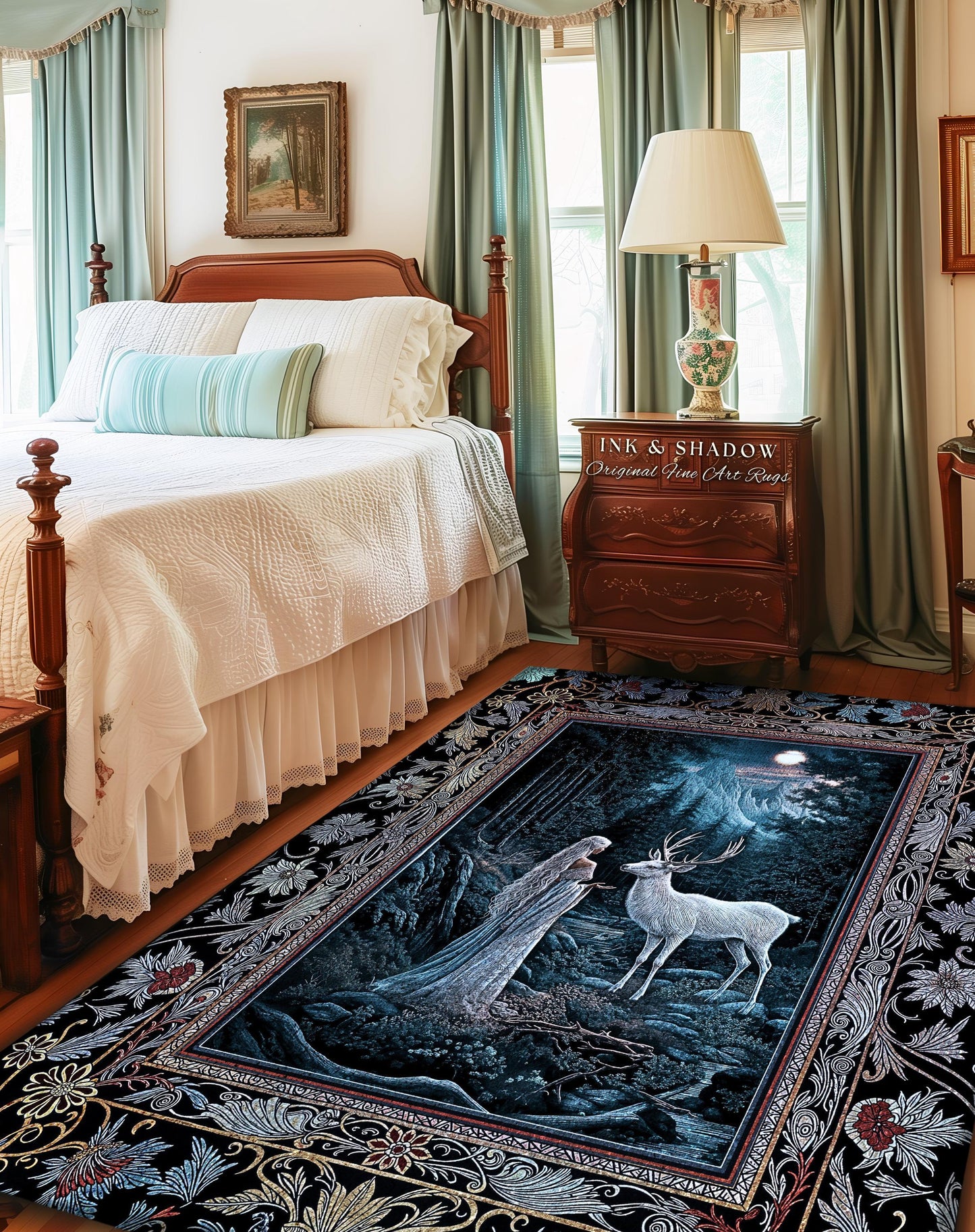Moonlit Deer Forest Rug | Midnight Magic Folklore Accent Rug