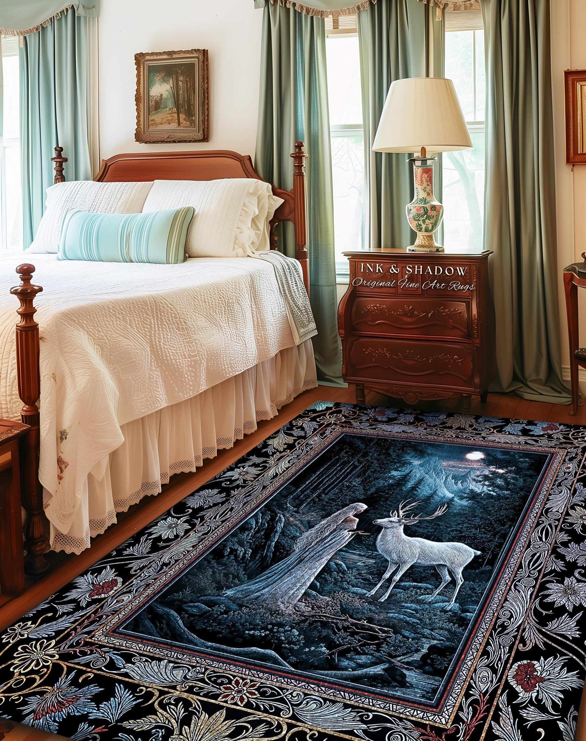 Moonlit Deer Forest Rug | Midnight Magic Folklore Accent Rug