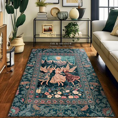May include: A rectangular area rug with a teal background and a floral border. The center features a scene of three figures dancing in a meadow with mountains and a sun in the background. The text "INK & SHADOW Original Fine Art Rugs" is visible.
