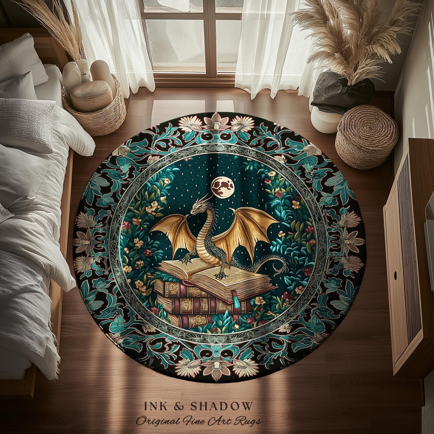 Fantasy Accent Rug Medieval Dragon | Medieval Library Aesthetic Gothic Cottagecore Decor for Book Nook Crowcore Fairytale Bedroom Area Rug |