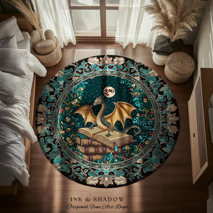 Fantasy Accent Rug Medieval Dragon | Medieval Library Aesthetic Gothic Cottagecore Decor for Book Nook Crowcore Fairytale Bedroom Area Rug |