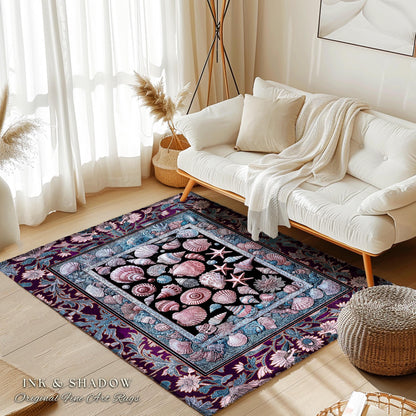 Dreamy Marine Sea Shell Whimsy Area Rug | Beach Inspired Nautical Bedroom Coastal Floor Art Fairycore Ocean Fantasy Starfish Accent Decor