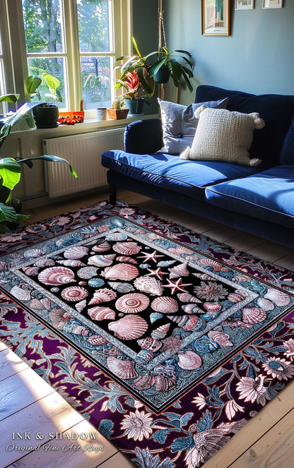 Dreamy Marine Sea Shell Whimsy Area Rug | Beach Inspired Nautical Bedroom Coastal Floor Art Fairycore Ocean Fantasy Starfish Accent Decor