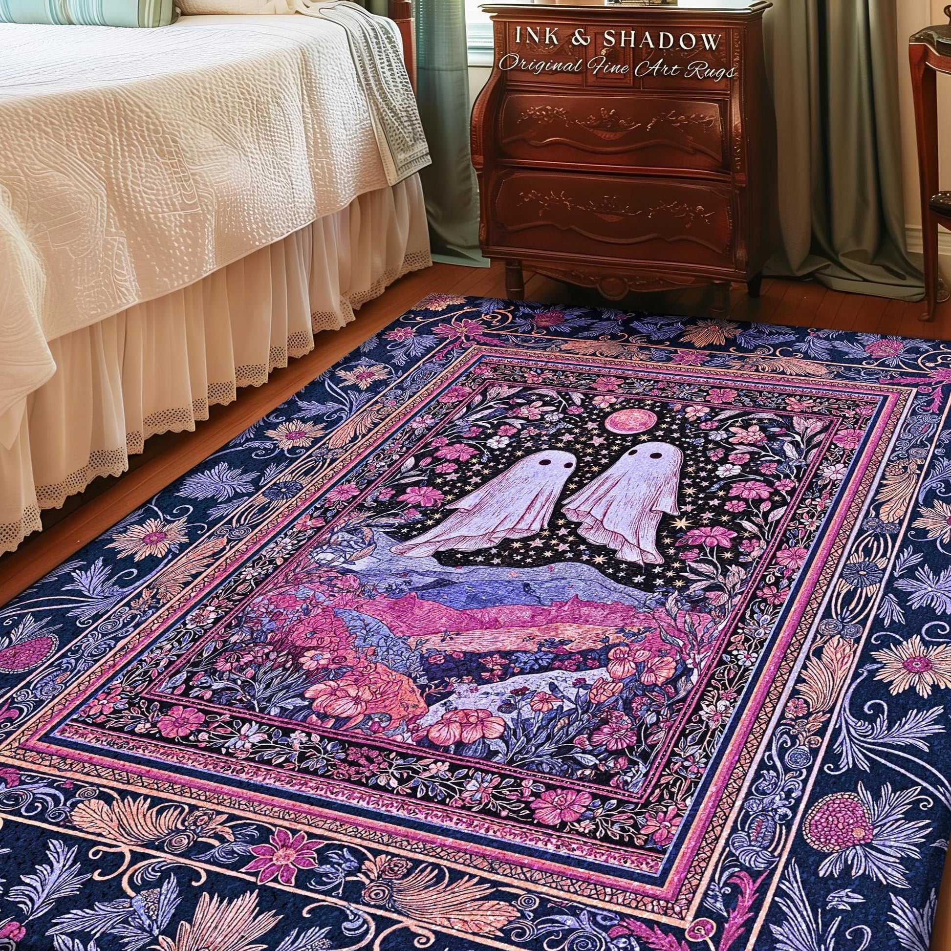 Pink & Purple Wildflower Ghost Lovers Rug | Pastel Cottagecore Romantic Bedroom Accent Fairytale Whimsigoth Style Enchanted Botanical Gothic