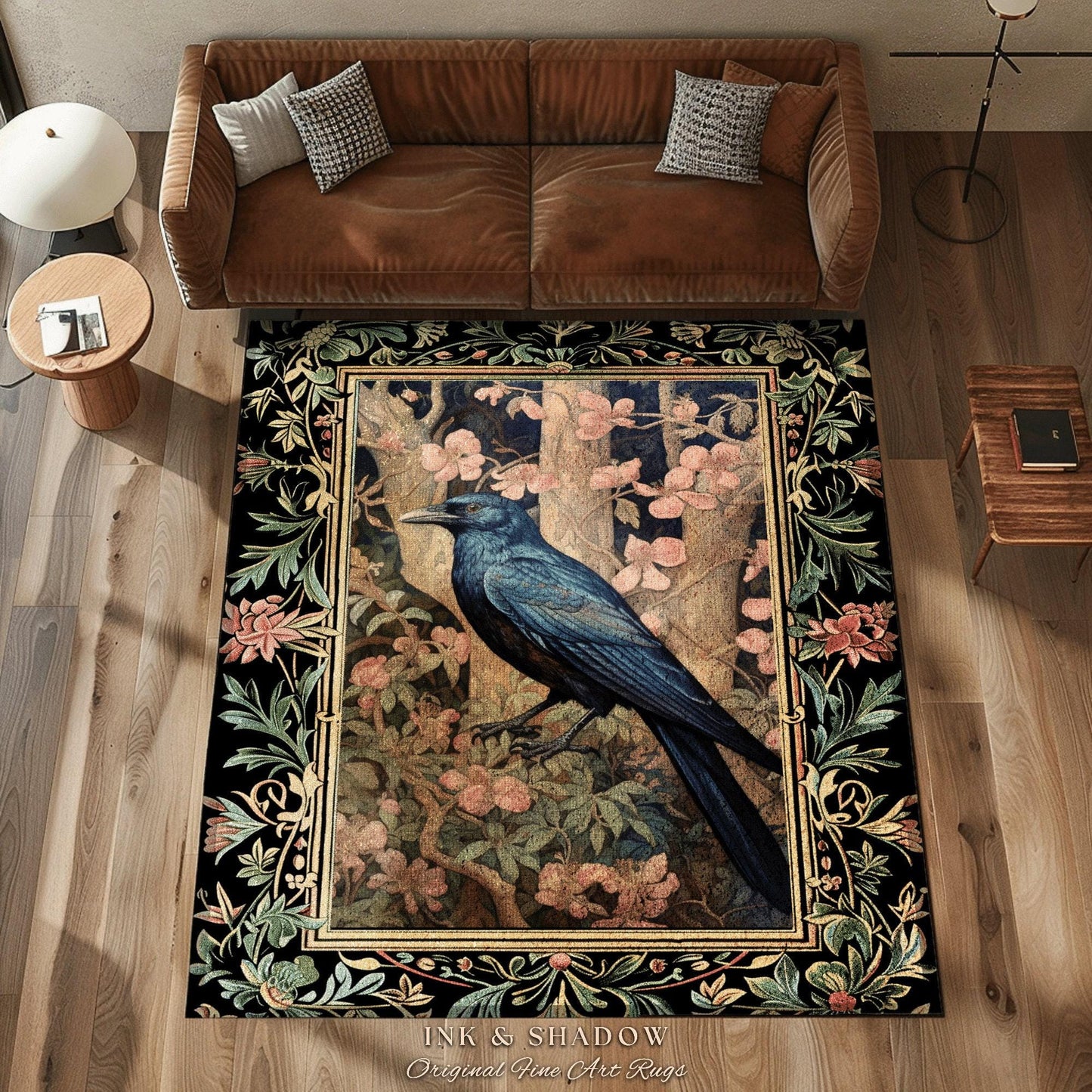Woodland Gothic Floral Raven Room Decor William Morris Inspired Crowcore Area Rug Cottagecore Aesthetic Dark Fairycore Bedroom Boho Crow Rug