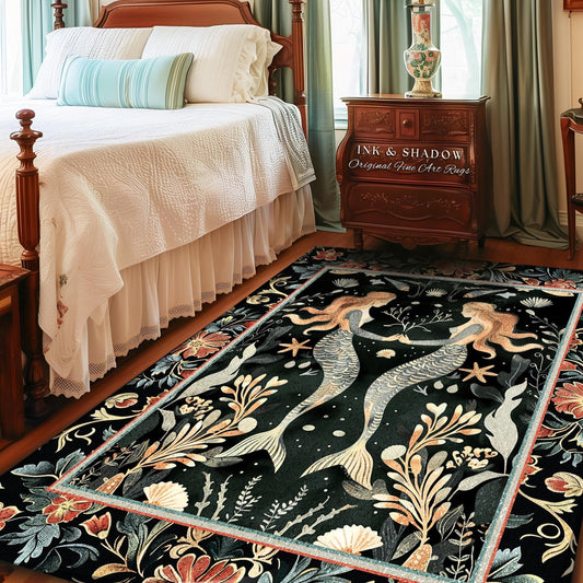 May include: A dark-colored rug with a whimsical design featuring two mermaids among stylized floral and seaweed patterns. The rug has a border with a repeating floral motif in shades of red and orange.  The mermaids are depicted in shades of gray and beige against a black background. The rug is displayed in a bedroom setting, under a bed with white bedding and light teal curtains.  Text on a nearby side table reads: 'INK & SHADOW Original Fine Art Rugs'.