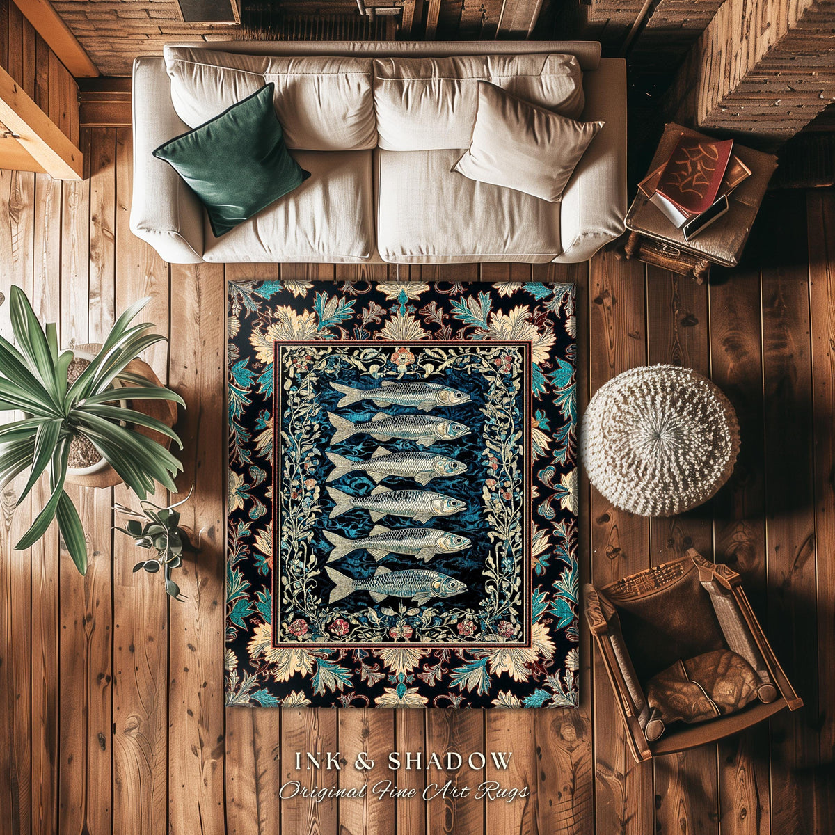 Nautical Folk Art Sardine Area Rug | Nautical Folk Art-Inspired Bedroom Marine Scene Coastal Botanical Home Accent Boho Oceancore Mermaid |