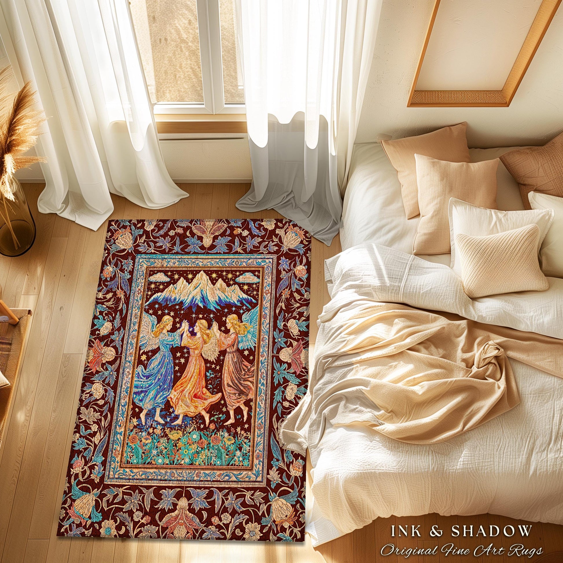 Spring Goddesses Wildflower Fairy Rug | Medieval Academia Bedroom Accent Dark Cottagecore Dreamy Ethereal Fairytale Bohemian Home Aesthetic