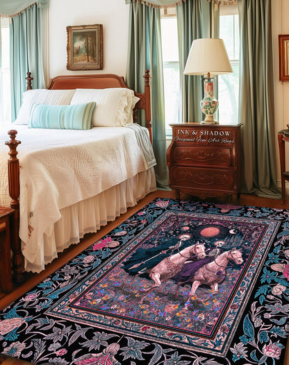 May include: A rectangular area rug with a dark background and a floral border. The rug features a central design of two skeletal figures riding horses. The text "INK & SHADOW Original Fine Art Rugs" is visible on a nearby nightstand.