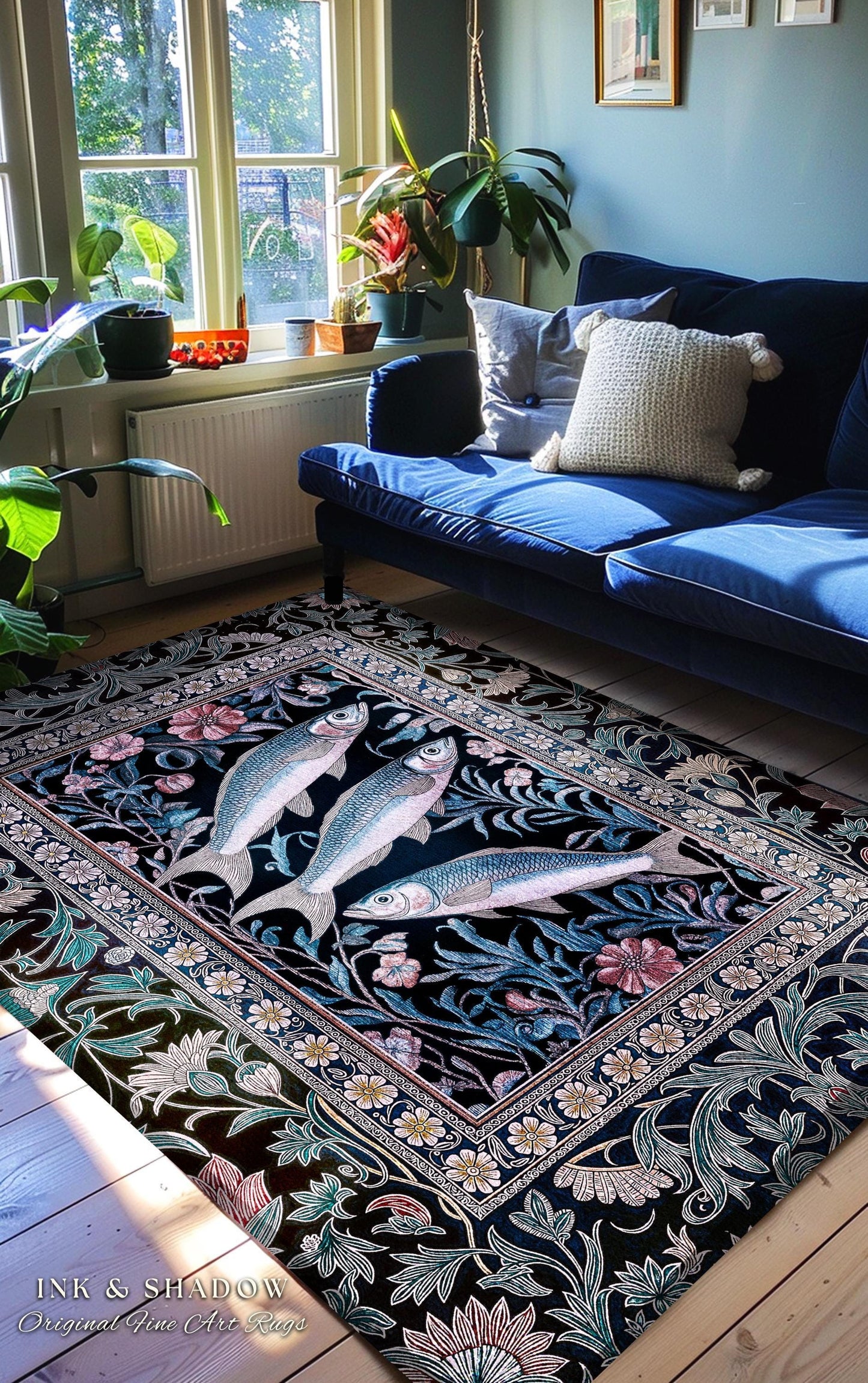 Ornate Coastal Fish Area Rug | Jacquard Home Accent Folk Botanical Sardine Design Vintage-Inspired Nautical Decor Eclectic Bedroom Accent |