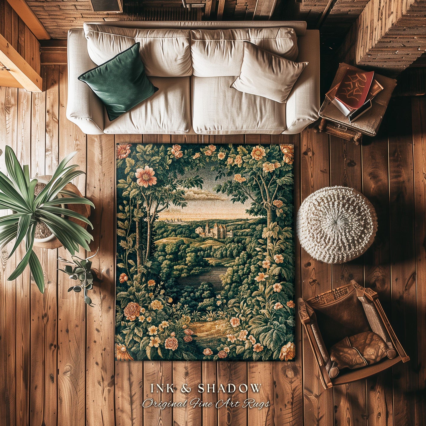 Princess Medieval Accent Rug | Rustic Floral Landscape Whimsigoth Castle Ethereal Bedroom Aesthetic Area Rug Woodland Goth Romantic Coquette