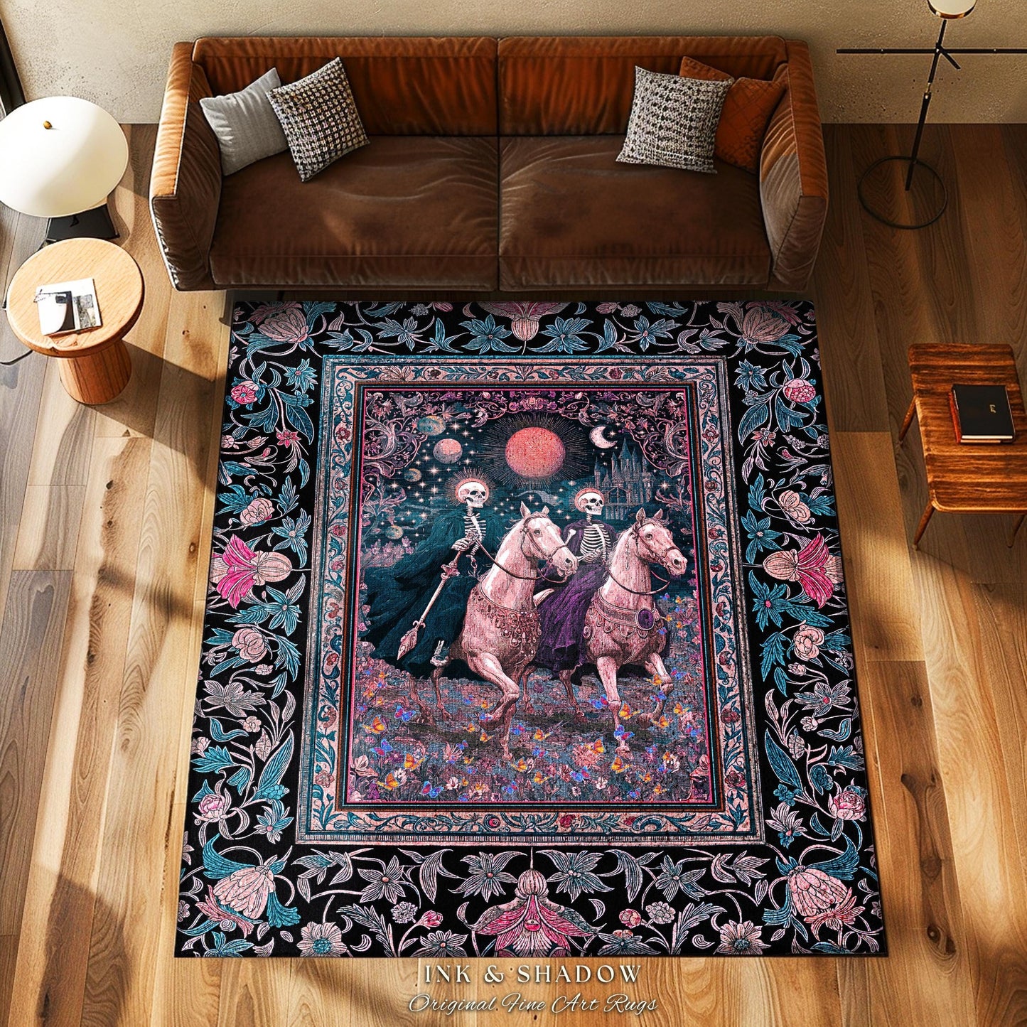 Dreamy Gothic Pastel Skeleton Rug | Celestial Horseman Baroque Fairytale Fantasy Whimsical Macabre Floral Bedroom Accent Mystic Home Decor |